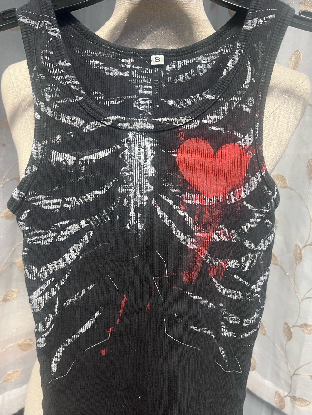 Black Ribbed Tank with White Ribcage Print and Red Heart
